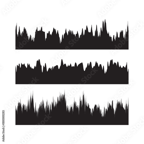 Abstract black silhouettes: three dynamic jagged horizons against a stark white background