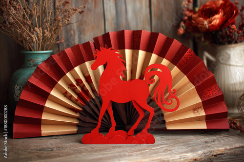 Red Horse Papercut with Fan Rustic Chinese New Year Scene