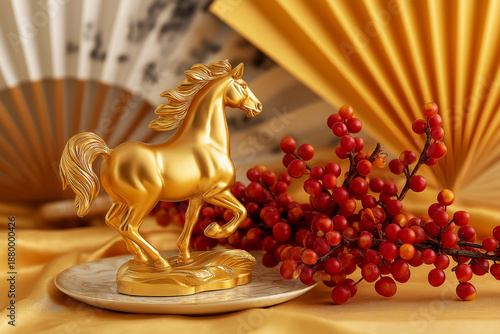 Golden Horse Statue with Red Berries Luxury Zodiac Decor