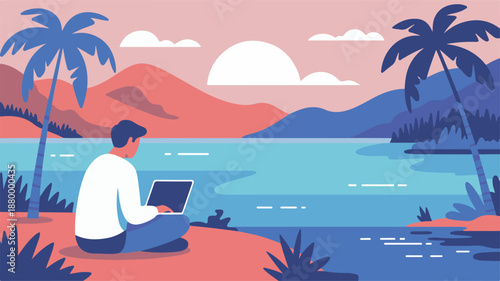 A solitary digital nomad finds inspiration working remotely on a laptop by a tranquil, sun-drenched ocean bay with palm trees and distant mountains, embodying freedom and remote work