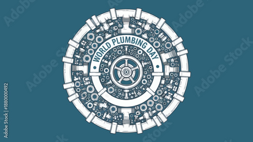World Plumbing Day Circular Design with Pipes and Valves.