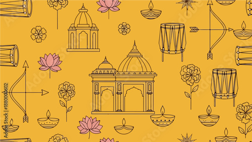 Hindu Temple and Diwali Elements Seamless Pattern on Yellow Background