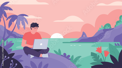 Digital Nomad Working Remotely on a Tropical Beach Paradise with Laptop