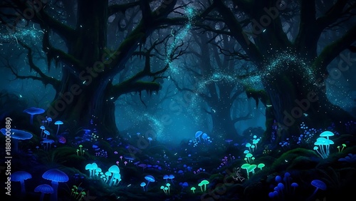Mysterious forest scene with glowing mushrooms and eerie atmosphere at dusk from a low viewpoint