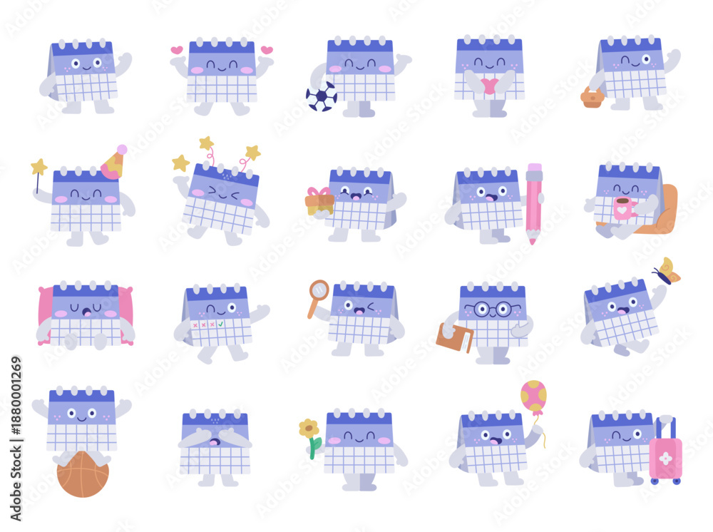 Naklejka premium Calendar character set in scandinavian style featuring friendly with daily actions celebrations hobbies routines different cute emotions poses moments