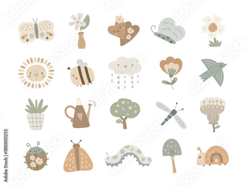 Spring garden set in scandinavian style featuring cute insects flowers plants weather elements and gentle nature characters perfect for your designs projects
