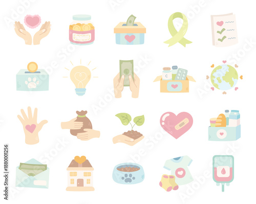 Charity donation support set in scandinavian style featuring help symbols care giving community aid medical assistance animal shelter global support humanity