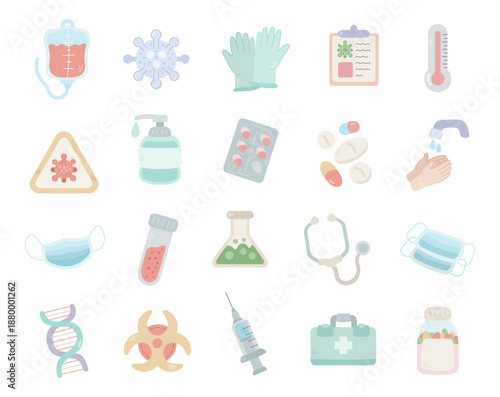Epidemic healthcare safety set in scandinavian style featuring medical protection virus control treatment public health symbols equipment hygiene laboratory diagnostics monitoring