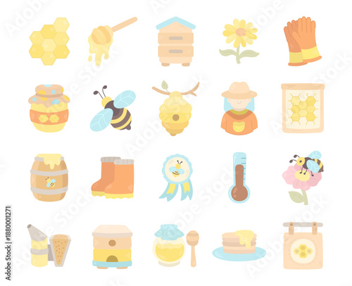 Beekeeping honey production set in scandinavian style featuring bees hives tools flower apiary symbols essentials harvesting process beekeeper work equipment