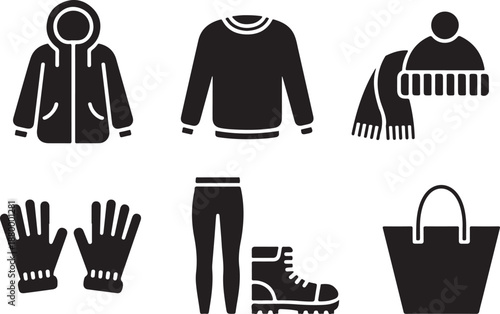 winter jacket sweater hat scarf gloves boots tote icons set