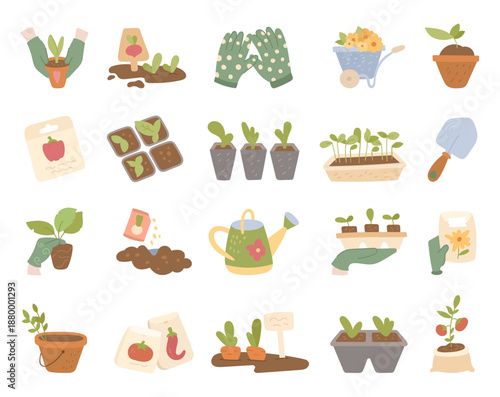 Spring garden set in scandinavian style featuring tools seedlings, seeds, pots, gloves, wheelbarrow, watering can, shovel, bucket, trays, fertilizer, soil