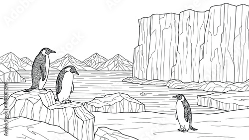 Penguin Colony By Icy Cliffs Along Calm Water With Snowy Mountain Range Landscape