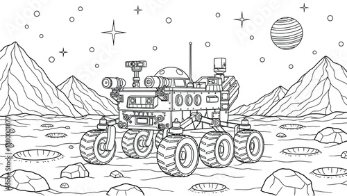 Six-Wheeled Space Rover Traverses Cratered Lunar Landscape Under Starry Sky