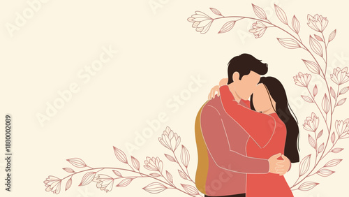 Heartwarming couple embrace surrounded by delicate floral illustrations