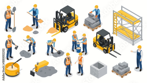 Construction workers operating heavy machinery and building structures in an industrial setting from an overhead viewpoint