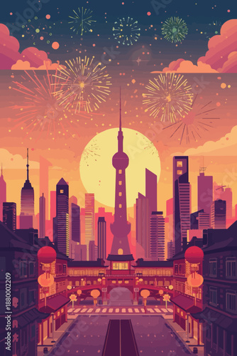 Vector illustration of a lunar new year celebration in a city skyline at dusk with vibrant fireworks exploding in the sky, created in a flat design style