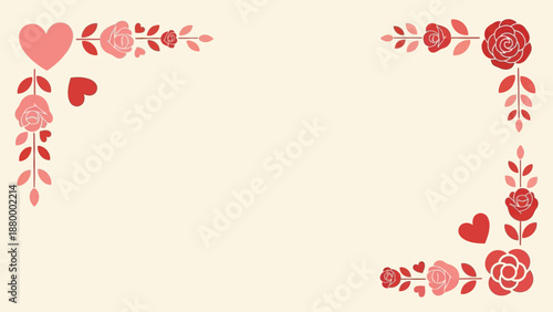 Elegant floral border with romantic hearts and roses in soft pink and red hues