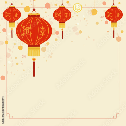 Vector template featuring traditional Chinese New Year lanterns in a vibrant flat design style with bold lines and bright colors such as red and gold