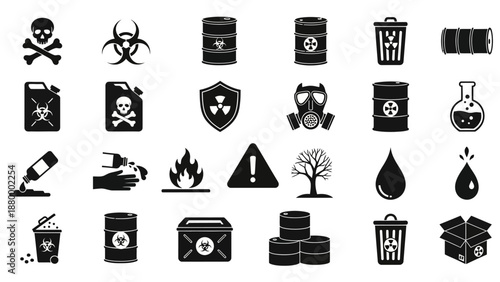 Collection of hazardous waste icons and symbols, danger signs and radiation warnings, environmental hazards and pollution indicators, black silhouettes on a plain background, vector illustration