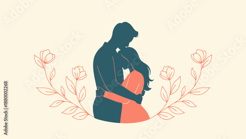 Minimalist Illustration of a Loving Couple Embracing Surrounded by Floral