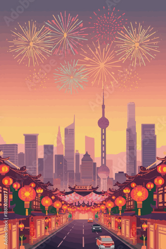 Vector illustration of a lunar new year celebration in a city skyline at dusk with vibrant fireworks exploding in the sky, created in a flat design style