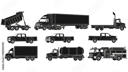 Collection of various heavy machinery and vehicles silhouetted against a plain background viewed from the side