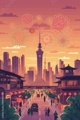 Vector illustration of a lunar new year celebration in a city skyline at dusk with vibrant fireworks exploding in the sky, created in a flat design style