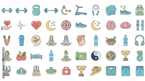 Collection of fitness and wellness icons representing healthy lifestyle and activities in a simple illustration style