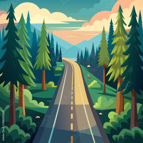 Serene forest road winding through tall pine trees at sunset