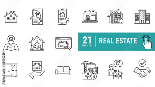 Collection of Real Estate Icons Featuring Houses, Buildings, and Property Elements in Various Line Art Styles