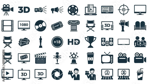 Collection of film and media icons representing various aspects of the industry