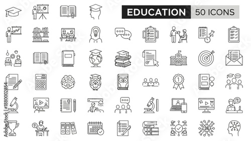Collection of education icons in a grid layout, showcasing various educational elements and symbols, in a monochromatic illustration style, from a straightforward viewpoint.