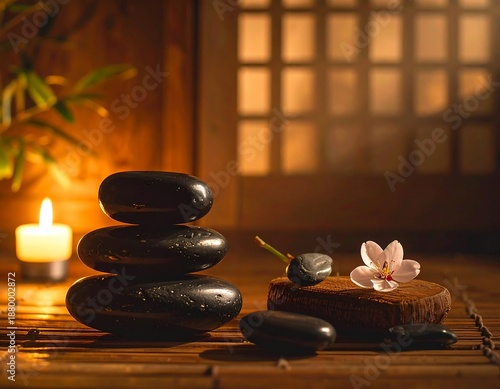 Stacked smooth black stones with a glowing candle and a flower rest on a bamboo surface. A wooden backdrop creates a warm ambiance
