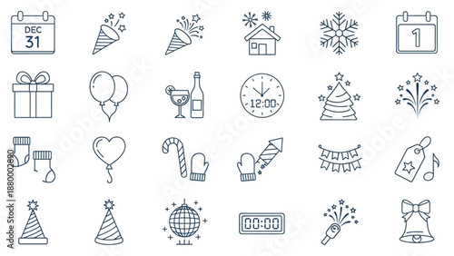 Celebration icons set, symbolizing parties and special occasions with various festive elements and decorations in a minimalist line art style