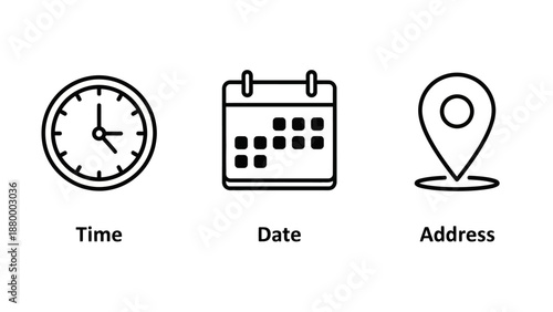 Simple black line icons representing Time, Date, and Address on a clean white background viewed from directly above, originally create (34).eps