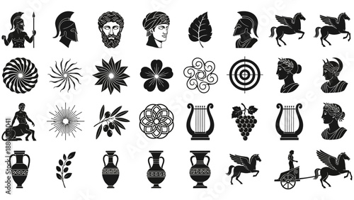 Ancient Greek mythological figures and symbols depicted in black silhouettes on a collection of vector illustrations