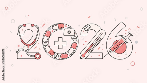 2026 Medical Healthcare Concept Illustration with Stethoscope and Pills