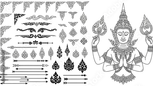 Traditional Thai cultural elements and decorative patterns in a single illustration showcasing intricate designs and a sacred figure in reverence