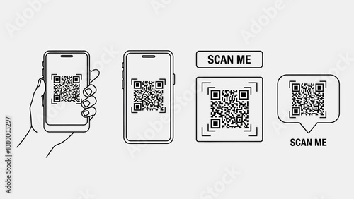 Hand holding a mobile device displaying a QR code for scanning purposes, showcasing various QR code representations, vector illustrations, digital technology