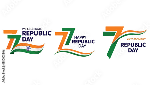 Set of 3 Indian Republic Day 77th Anniversary Logos with Flag Wavy Elements Vector