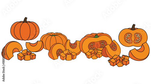 Various pumpkin shapes and cuts on transparent background, whole and sliced pumpkins