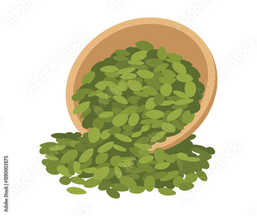 Bowl of green pumpkin seeds, spilled seeds in wooden bowl on transparent background