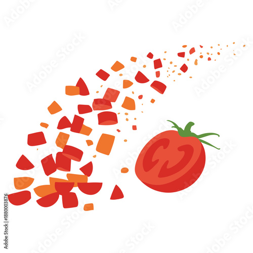 Diced tomatoes and tomato half with scattered pieces on transparent background illustration