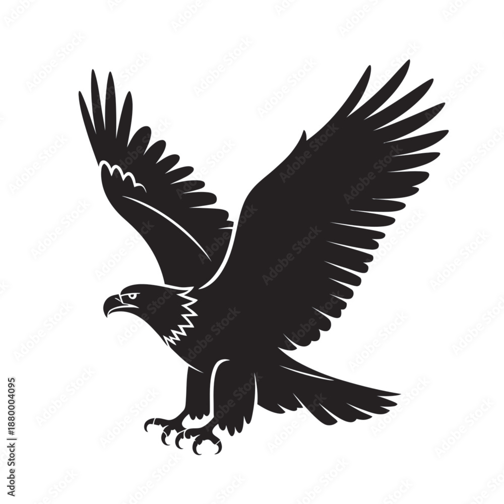 Fototapeta premium Black silhouette of a bald eagle in flight with white wing details white details wings flying