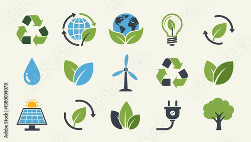 Sustainable living icons set representing eco-friendly practices and environmental conservation efforts globally illustrated