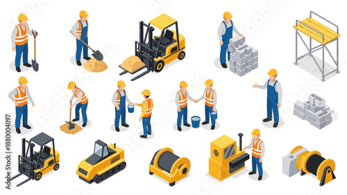 Construction workers operating heavy machinery and equipment on a building site from an aerial viewpoint