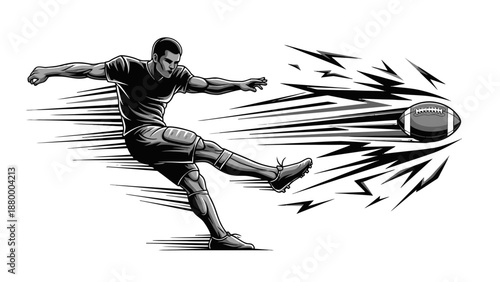 Rugby player kicking the ball with dynamic motion.