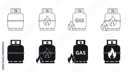 Gas cylinders with flames illustrated in various designs and styles on a white background, viewed from the front