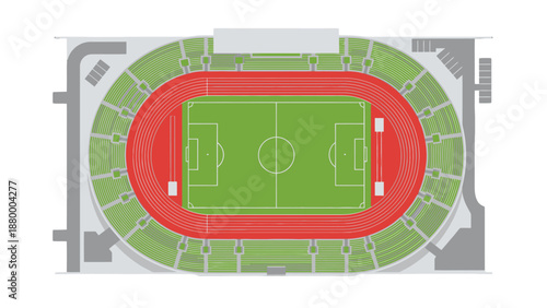 Aerial view of a soccer stadium with a red running track.