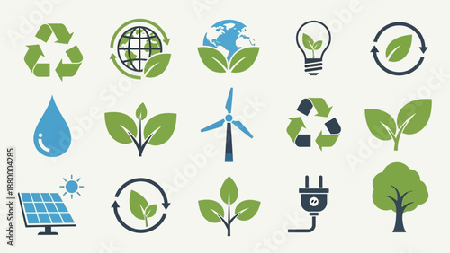 Sustainable Energy Icons Representing Renewable Resources and Eco-Friendly Technology in a Modern Flat Design Style